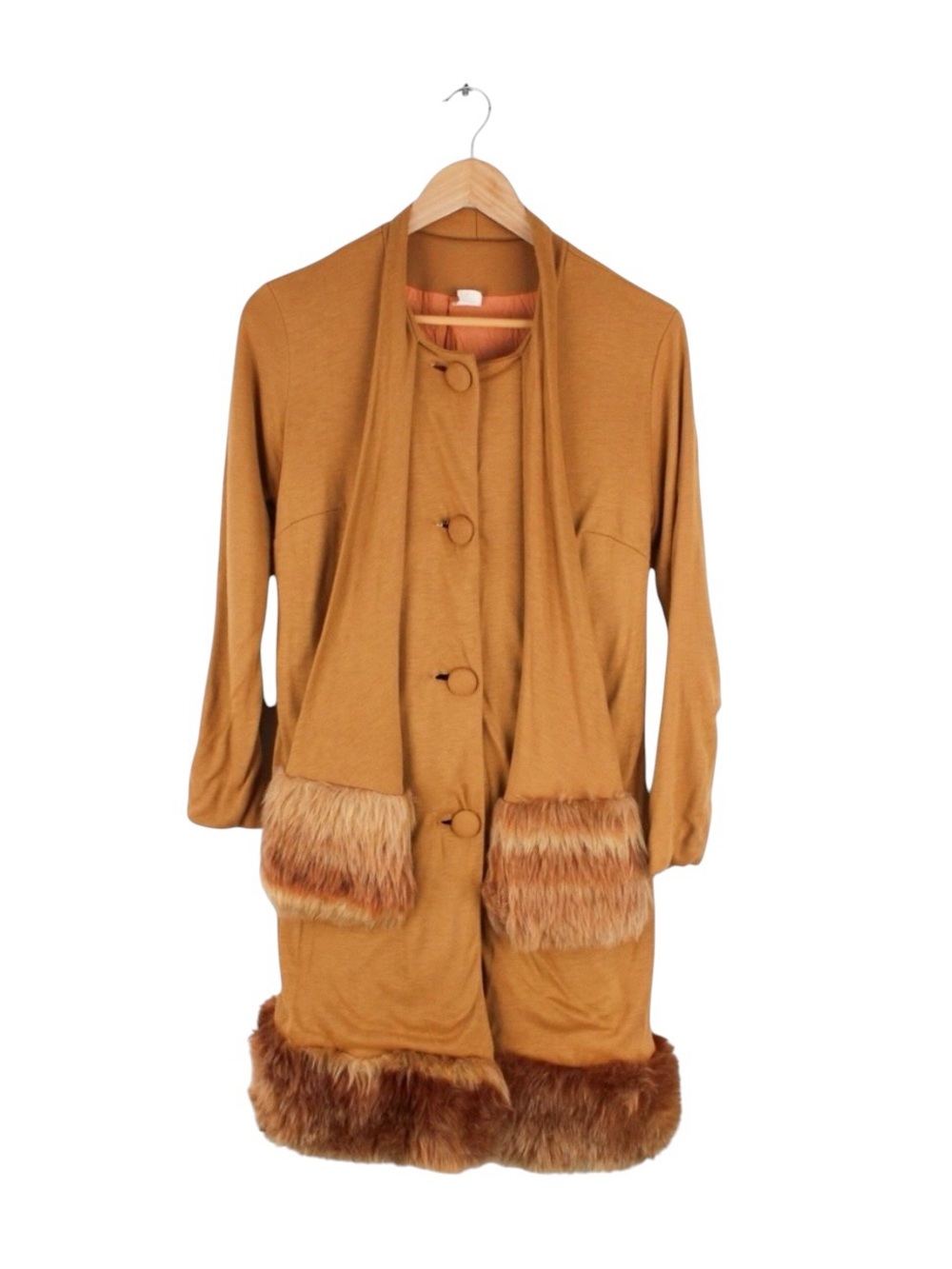 Vintage 60s Mod Hostess Coat Fur Trim Scarf Brown Acrylic Jacket Womens 14